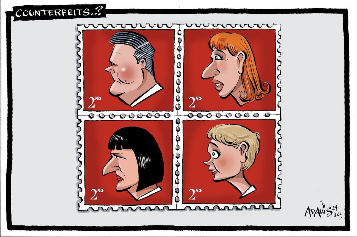 Christian Adams on #CounterfitStamps #RachelReeves #AngelaRayner #KeirStarmer #LabourParty #YvetteCooper – political cartoon gallery in London original-political-cartoon.com