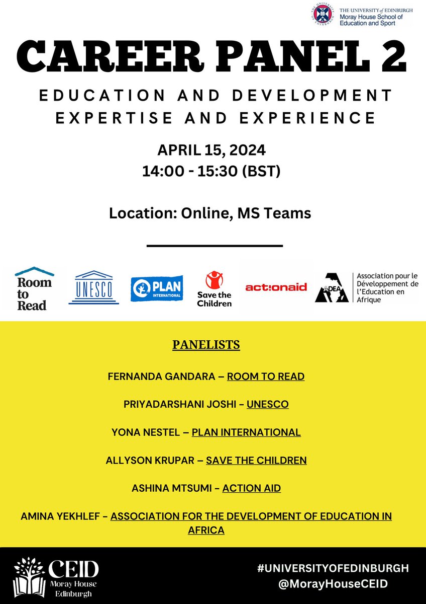 Still time to register! Join us this Monday for our 2nd #Education & #Development #Career panel. Hear experts from @GEMReport @RoomtoRead @PlanGlobal @ActionAid @SavetheChildren Register 👇 tickettailor.com/events/morayho…