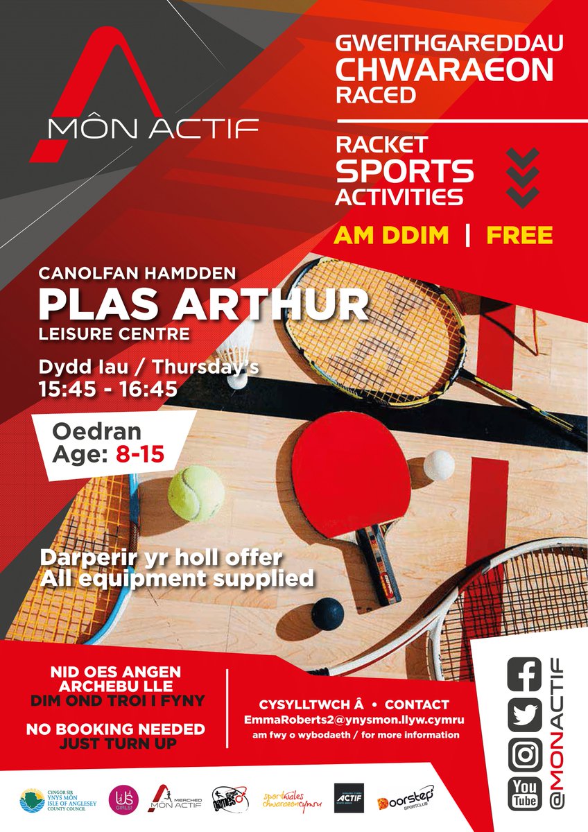 📣 Dewch i chwarae - sesiynau Chwaraeon Raced am ddim. 🔴 Canolfan Hamdden Plas Arthur, 📅 Dydd Iau 15:45-16:45 Agor i 8-15 oed 📣 Turn up and play - free Racket Sports sessions. 🔴 Plas Arthur Leisure Centre, 📅 Thursday 15:45-16:45 Open to those aged 8-15