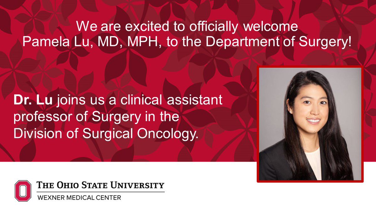 Thrilled to announce Pamela Lu, MD, MPH, is joining <a href="/OhioStateSurg/">Ohio State Wexner Medical Center Surgery Dept.</a> Div of Surg Onc. Dr. <a href="/pamelawlu/">Pamela Lu</a> is currently a CSGO fellow <a href="/MDAndersonNews/">MD Anderson Cancer Center</a> having completed residency <a href="/BrighamSurgery/">Brigham and Women’s Department of Surgery</a> &amp; MPH <a href="/HarvardChanSPH/">Harvard T.H. Chan School of Public Health</a>. Her practice will focus on #HIPEC, #PSM &amp; #gastric #cancer. Welcome! 🙌
