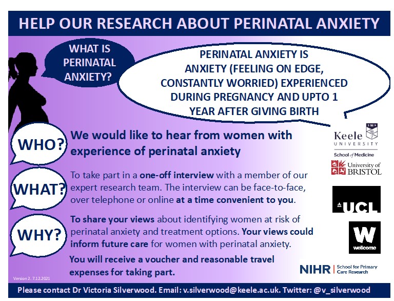 Have you experienced anxiety during pregnancy or in the 12 months after birth in the past 2 years? We would love to interview you for our research study around risk factors for #perinatalanxiety. Please contact t.e.fisher1@keele.ac.uk #maternalmentalhealth #perinatalmentalhealth.