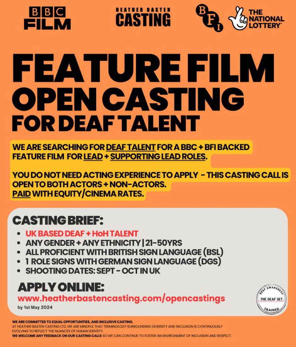 UK based Deaf talent, get on it : 🎥 @BBCFilm @BFI_Industry @HeatherBCasting
