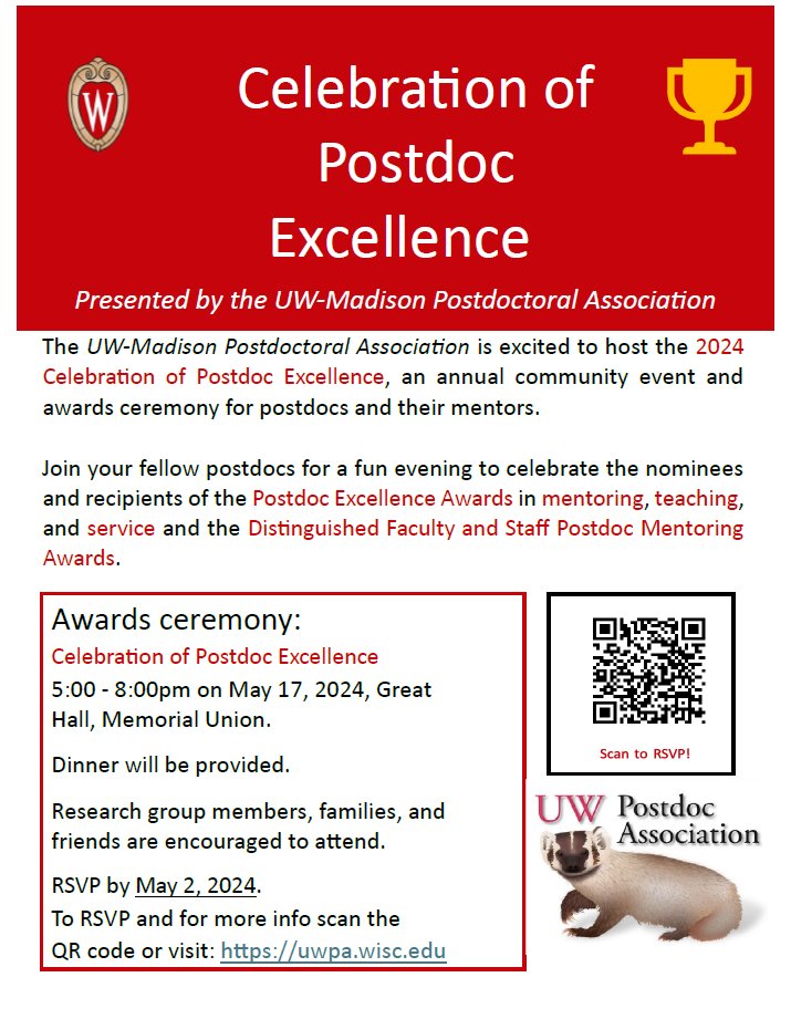 Badger Postdocs (@badgerdocs) on Twitter photo The UWāMadison Postdoctoral Association (UWPA) is thrilled to announce the "Celebration of Postdoc Excellence" on Friday, May 17th, at the Great Hall in the Memorial Union! #UWPostdocs <a href="/Badgerdocs/">Badger Postdocs</a> <a href="/UWMadison/">UWāMadison</a>
RSVP by Thursday May 2,2024 The UWāMadison Postdoctoral Association (UWPA) is thrilled to announce the "Celebration of Postdoc Excellence" on Friday, May 17th, at the Great Hall in the Memorial Union! #UWPostdocs <a href="/Badgerdocs/">Badger Postdocs</a> <a href="/UWMadison/">UWāMadison</a>
RSVP by Thursday May 2,2024