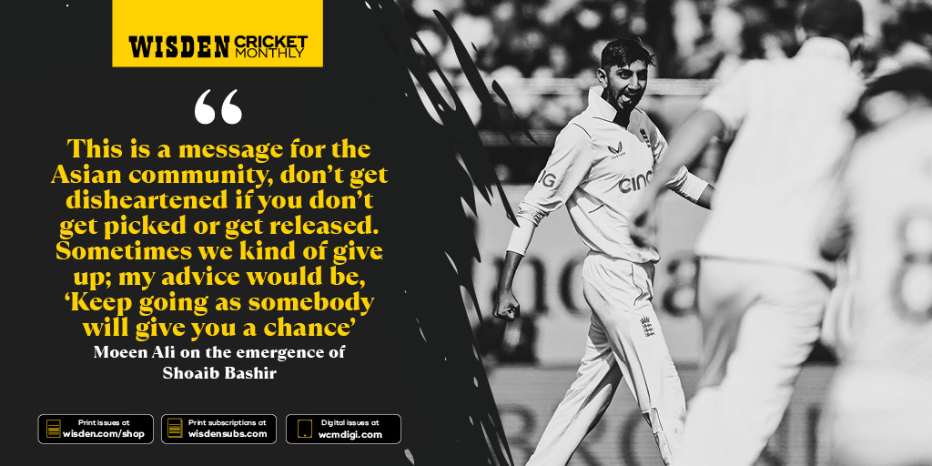 Moeen Ali, speaking exclusively to Wisden Cricket Monthly, on the emergence of Shoaib Bashir. Get the latest magazine: PRINT: wisden.com/shop/wisden-cr… DIGITAL: wcmdigi.com