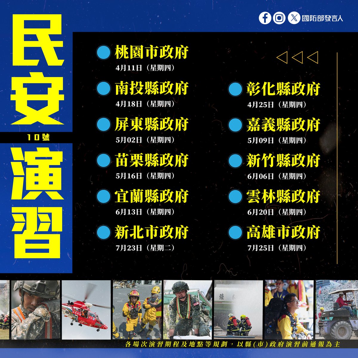 Min-An 10th mobilization/disaster relief exercises are to be held by local governments from April through July. With first responders, the military, and NGOs participating, Min-An will give our local governments a good chance to review how sound the emergency response plans are.