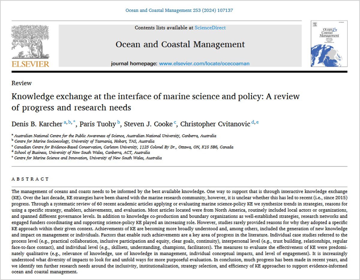 #MarineManagement needs to be informed by #BestAvailable Knowledge state @DenisKarcher, @Paristuohy01, @SJC_fishy & @ChrisCvitanovic. Their review of post-2015 literature shows improvements in #KnowledgeExchange, eg, via #Coproduction & #BoundarySpanning doi.org/10.1016/j.ocec…