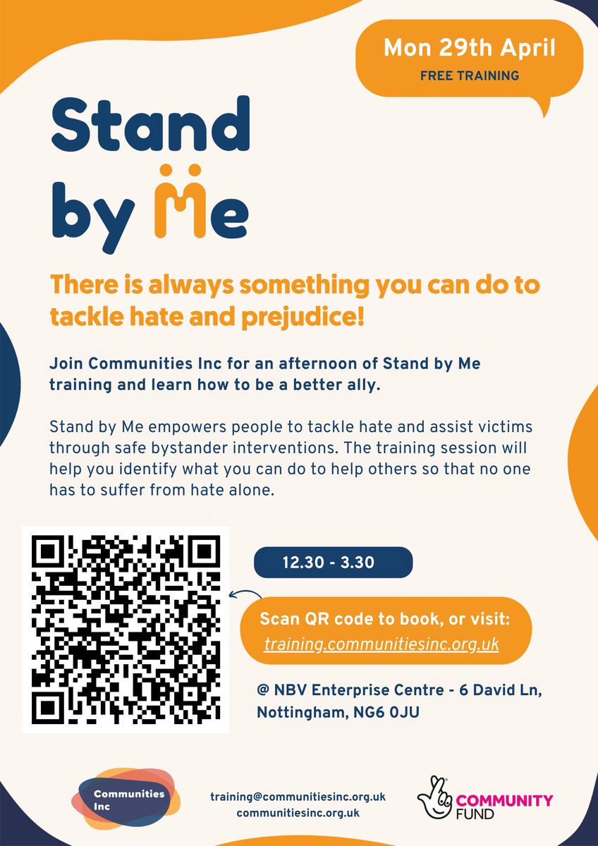 This month we are holding a FREE Stand by Me Bystander Intervention training session in #Nottingham - places are filling up fast. ➡ Mon 29th April ➡ 12:30 - 15:30 ➡ NBV Enterprise Centre, Notts Book now: training.communitiesinc.org.uk/event-detail/%… 📱