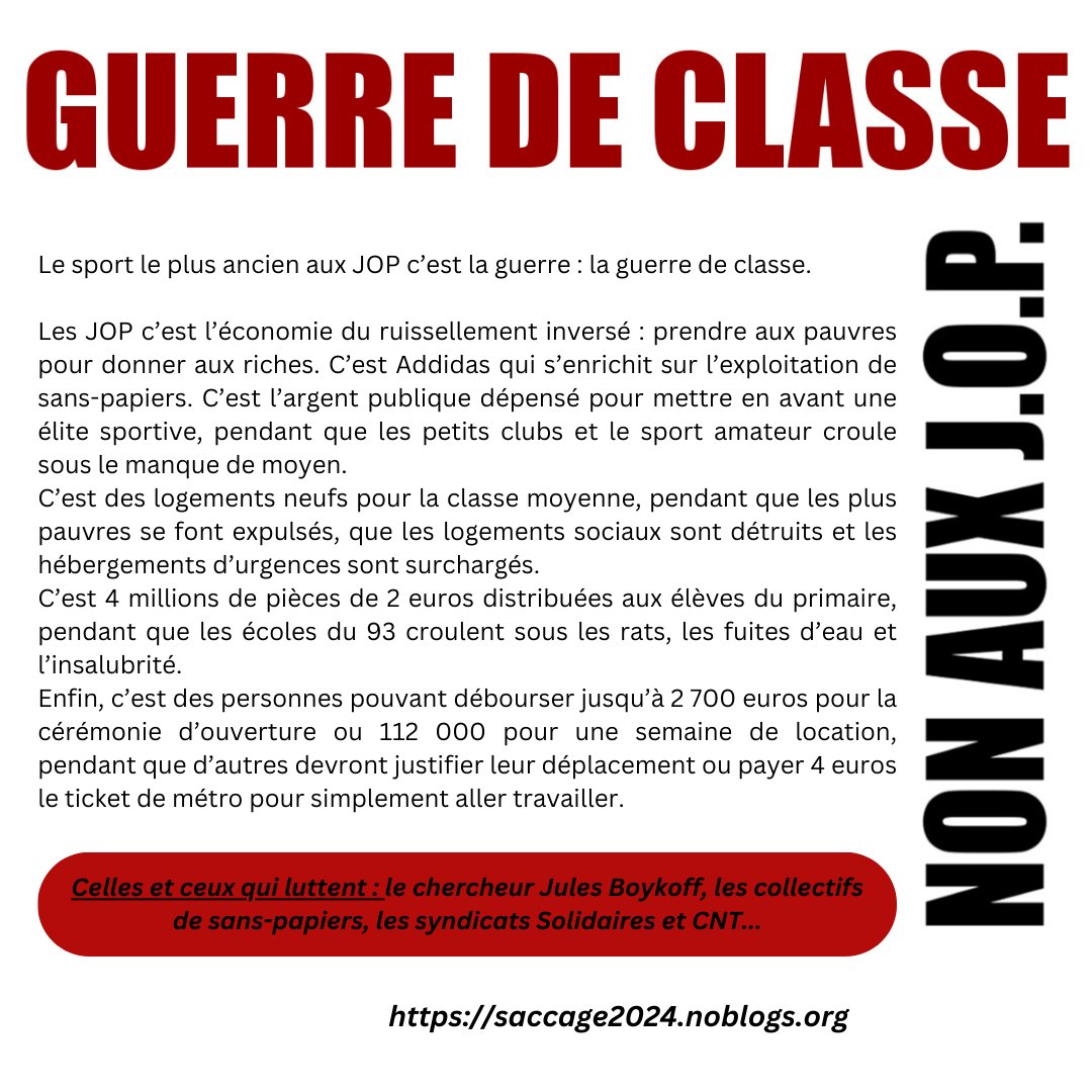 Alors que 250 jeunes du Parc de Belleville occupent la maison des Métallos pour protester contre le traitement indignes qu'ils subissent à l'approche des JOP, nous mettons en lumière aujourd'hui la structure guerrière sur laquelle repose les JOP : une guerre de classe.