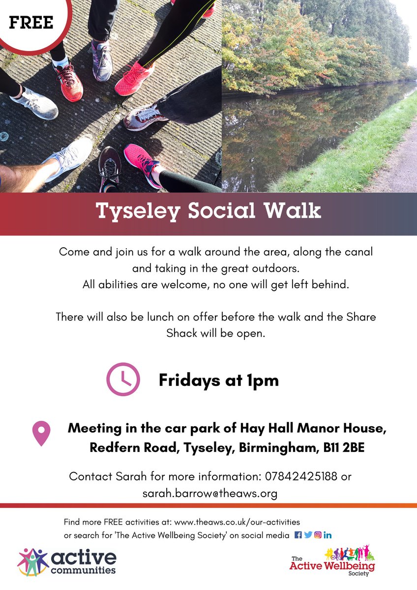 😊We'd love for more people to join us on our friendly social walk in Tyseley, every Friday at 1pm. 🍝 There's also FREE lunch available from the community cafe from 12pm and the Share Shack is open too, a space to borrow, learn and create. 🚶‍♀️ Meet at Hay Hall Manor, B11 2BE.