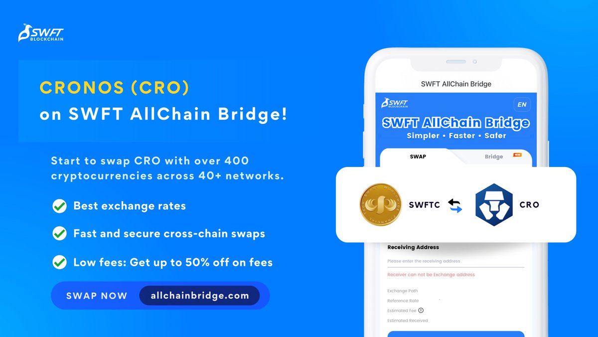 🚀 Exciting News! 🌐 $CRO is available on SWFT AllChain Bridge! 🚀 Start swapping $CRO with over 400 cryptocurrencies across multiple chains and enjoy the best exchange rates, with up to 50% OFF on swap fees. 💸 🔗 Swap now: allchainbridge.com