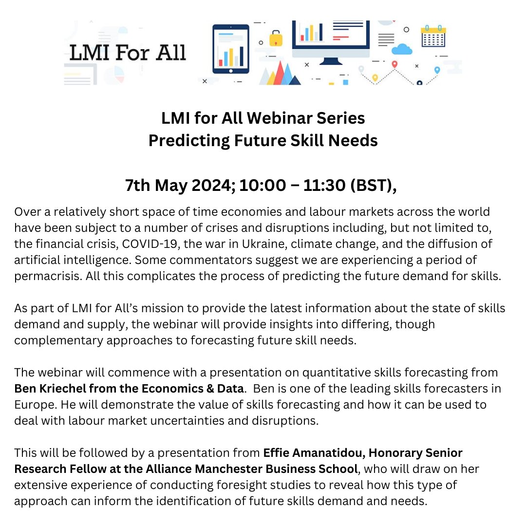 Predicting Future Skills Needs! Excited for our webinar on 07 May! Ben Kriechel shares insights on quantitative skills forecasting, followed by Effie Amanatidou foresight studies expertise. Book your ticket here: shorturl.at/kRSU9 #LMIforAll #LabourMarketInformation