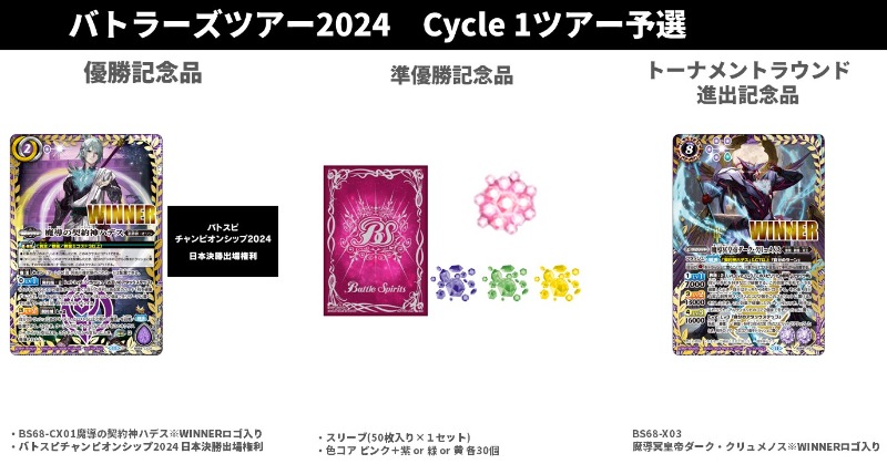 【イベント情報】
『#バトラーズツアー2024』内で行う『Cycle 1ツアー予選』の記念品情報も公開！

優勝して『バトスピチャンピオンシップ2024 日本決勝』の出場権利と特別な「魔導の契約神ハデス」をゲットしよう！

#バトスピ