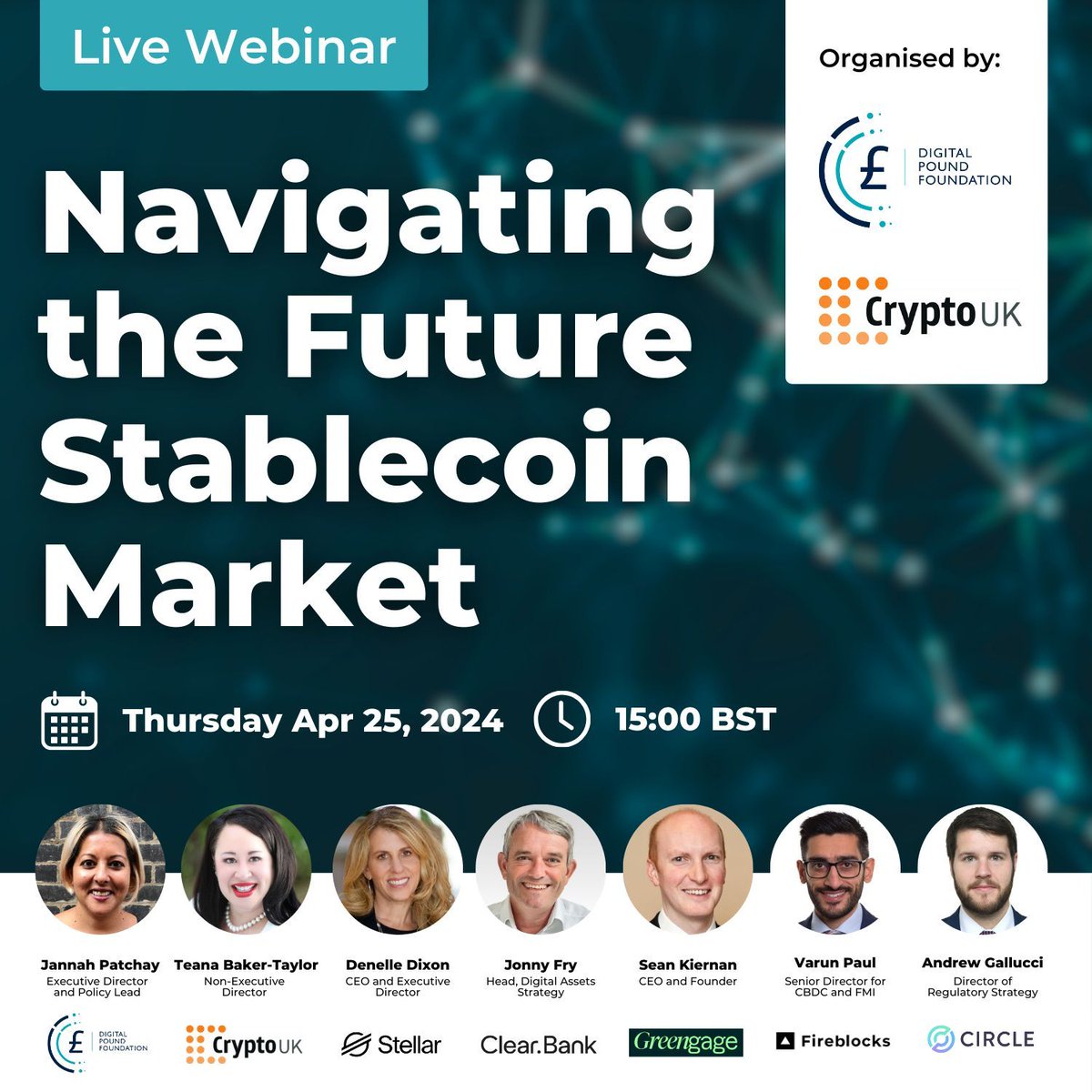 Join us on Thursday 25 April for 'Navigating the Future #Stablecoin Market' - a live #webinar with @CryptoUKAssoc, @StellarOrg, @clear_bank, @GreengageCo, @FireblocksHQ, and @circle. Reserve your place for FREE 👉 buff.ly/4aj7QfZ ... #Fintech #Crypto #Blockchain