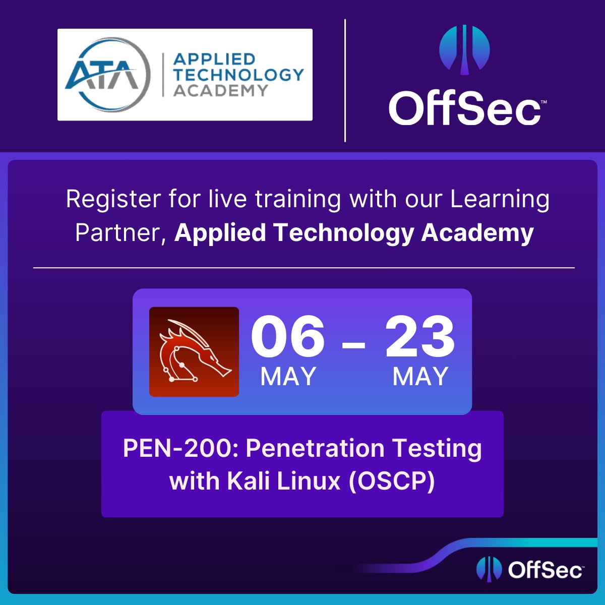 Register for PEN-200 live training with our Learning Partner, @appliedtechac: offs.ec/3JeTMZd 🗓️ May 6th -23rd 📍 Online, live #oscp #penetrationtesting