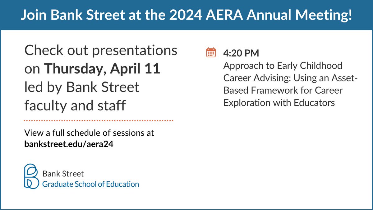 Today marks the beginning of #AERA24 in #Philadelphia! Looking forward to sharing #BankStreet #edresearch on important topics, including #EarlyEd #ECE #MultilingualEducation #EdEquity #AntiracistEducation & more. View our schedule of sessions: bankstedu.info/3Tqsyn2