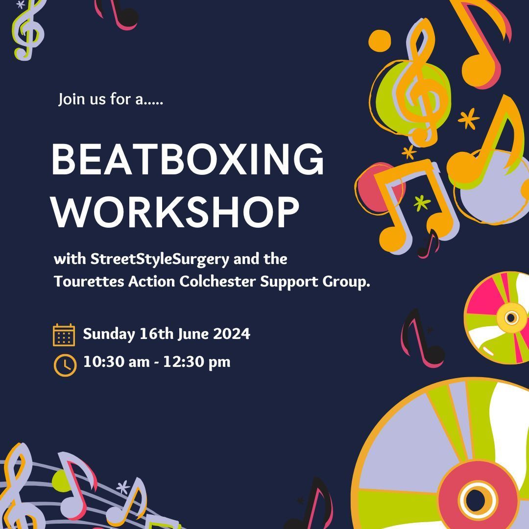 We are thrilled to have teamed up with @SSSurgery to offer the TS community a beatboxing workshop on Sunday 16th June 2024 at the #Tourettes Action #Colchester Support Group. The group runs from 10.30 to 12.30, beatboxing sessions will run alongside the normal group.