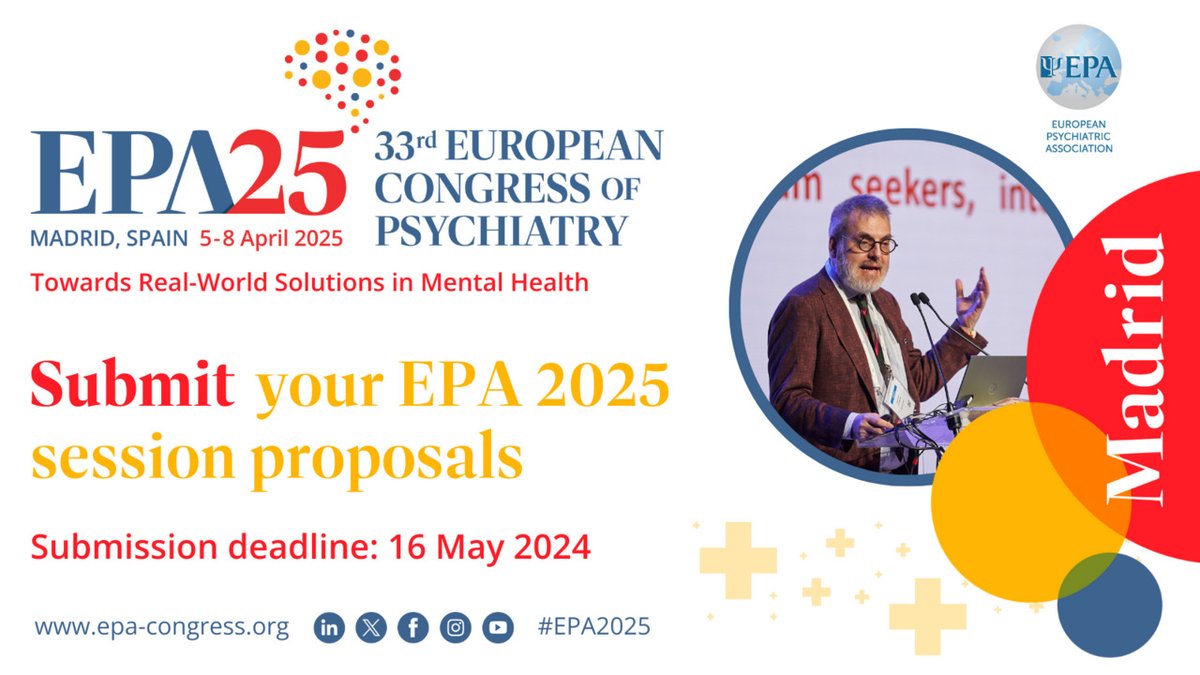 🪧 We are seeking compelling session proposals for #EPA2025! ➡️ Submit your proposals for EPA Courses, Workshops, and Symposia by 16 May 2024. We look forward to receiving your submissions! epa-congress.org/session-propos…