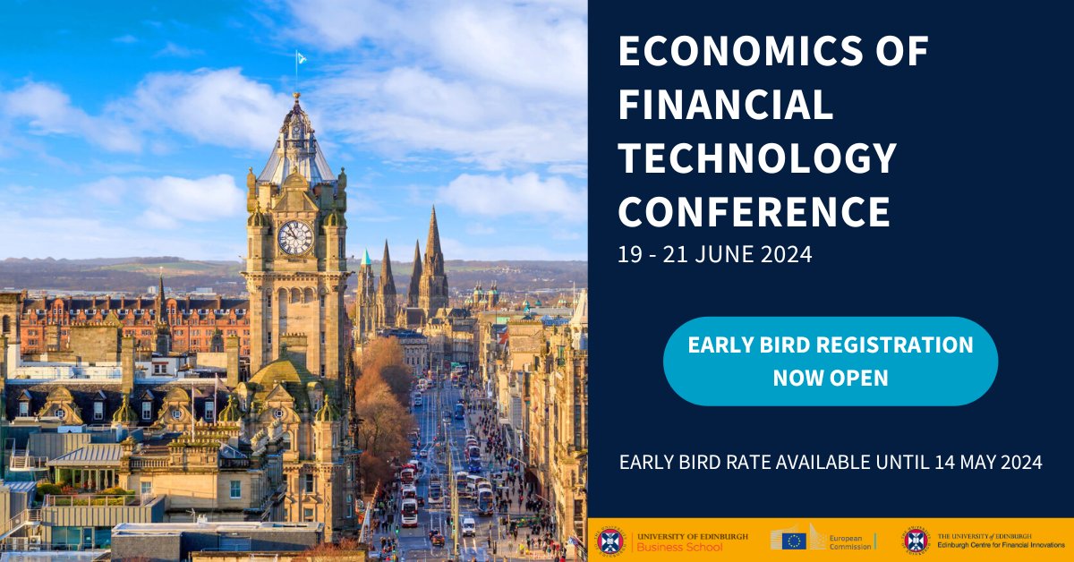 📢 Early bird registration has been extended until 14 May! #EFT2024 will share vital discussions and research on #Fintech. Academics, policymakers and finance professionals can book now to attend #EFTedinburgh at a discounted rate! 🔗Register now: bit.ly/35lfgTP
