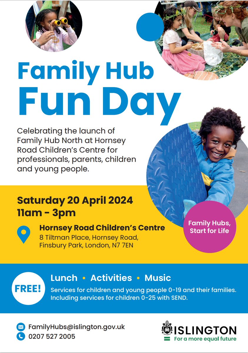 Come along to the Family Hub Fun Day on Saturday 20th April. There will be activities, refreshments and lots of fun for the whole family! #BrightFuturesIslington #Islington #FamilyHub