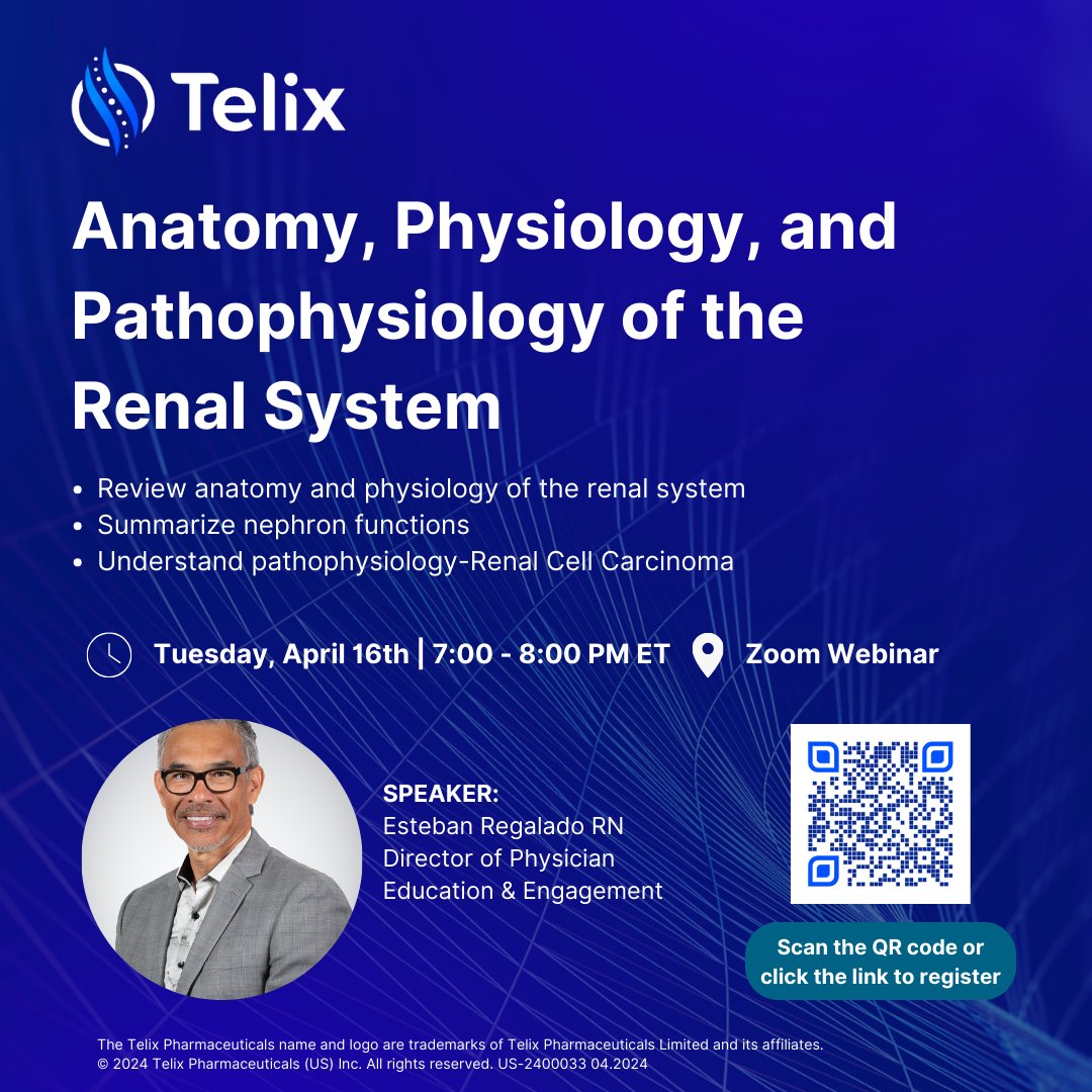 Join Telix’s educational webinar 'Insights into Renal Cell Carcinoma' for U.S-based medical professionals in kidney cancer. This session covers essential aspects of anatomy, physiology & pathophysiology of the renal system. Scan QR code or register here: telixpharma.zoom.us/webinar/regist…