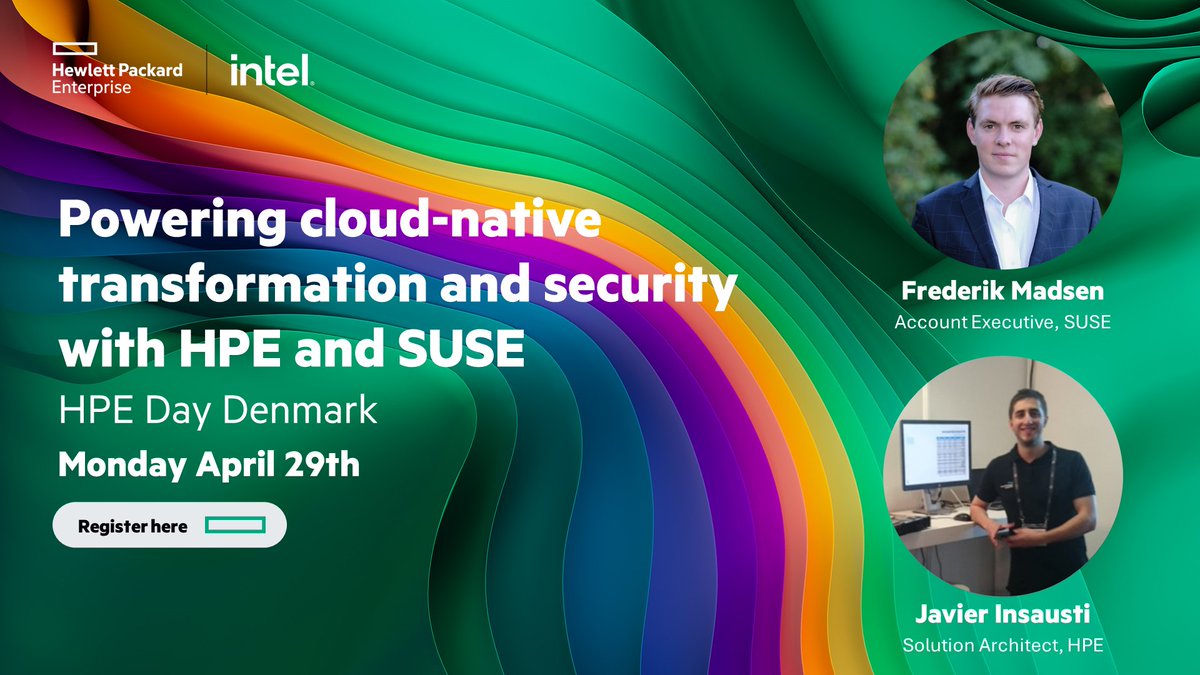 🎉 We're thrilled to join #HPE Day Denmark on April 29. If you're around, connect with our team and join our presentation 'Powering cloud-native transformation and security with HPE and SUSE' with Frederik Madsen from SUSE & Javier Insausti from HPE. 🔗 okt.to/ZzjFrs