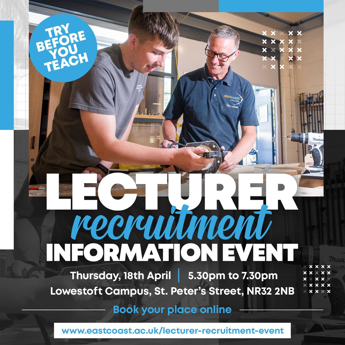 1 WEEK TO GO!! Attend our Lecturer Recruitment Information Event on Thursday, 18th April to find out more about getting into teaching and the roles and training available! For more information and to register your attendance, please visit 📲 eastcoast.ac.uk/lecturer-recru…