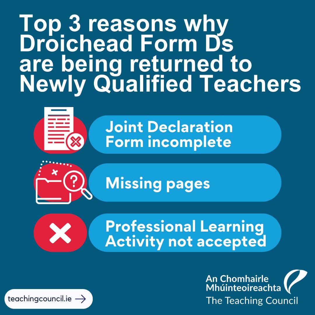 Droichead Form D's must be submitted online via the NQTs portal account. For further information on why Form D's are being returned to NQTs, please visit our website: ow.ly/WOIm50QBC9q #Droichead #NQT