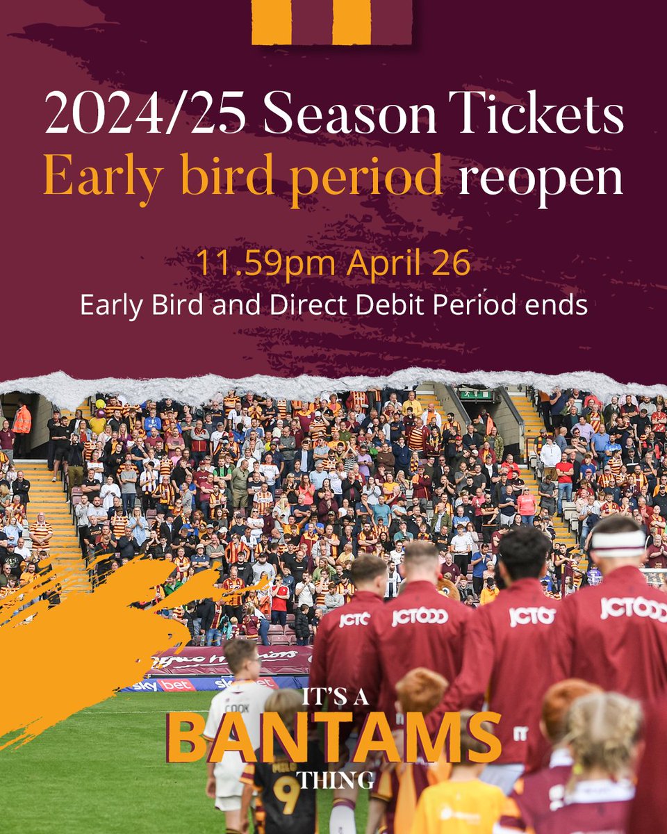 🎟️ | 2024/25 season tickets are now back on sale, with all unreserved seats available. ⚠️ | Secure your place before the early bird window closes - and prices rise - on FRIDAY APRIL 26. ➡️ | Read: bradfordcityafc.com/news/2024/apri… 🛒 | Purchase: bradfordcityafc.com/SeasonTickets #BCAFC