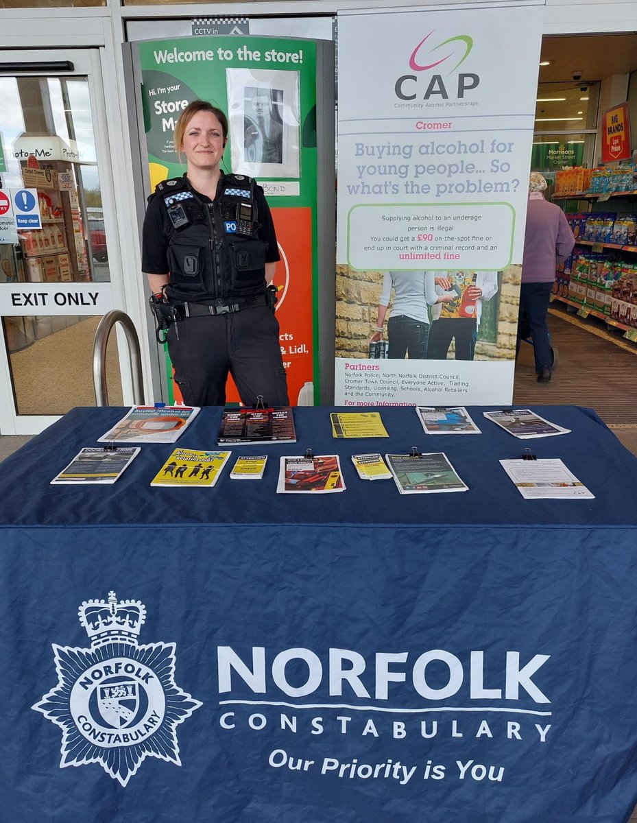 If you're out in #Cromer today (Thurs 11 April), Beat Manager PC Keeley Smith will be around to speak to if you have any concerns. You can catch her at Morrisons, Holt Road between 11-1pm, and at the Co-op, Middlebrook Way between 1-3pm.
