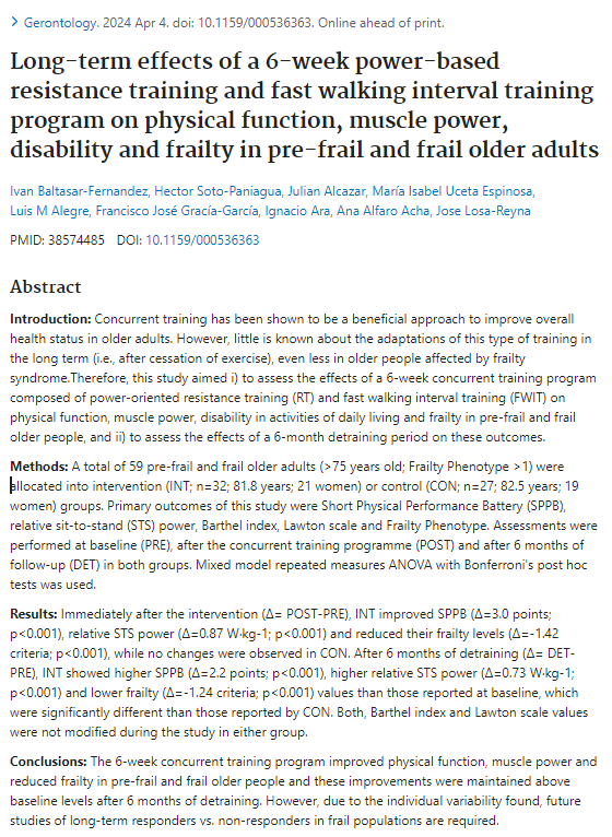 Some impressive effects of 6 weeks of power-focused resistance training (plus interval walking) in older adults (mean age 81): - Improved sit-to-stand power - Reduced frailty score - Higher Short Physical Performance Battery score But here’s what’s more impressive: 6 months…