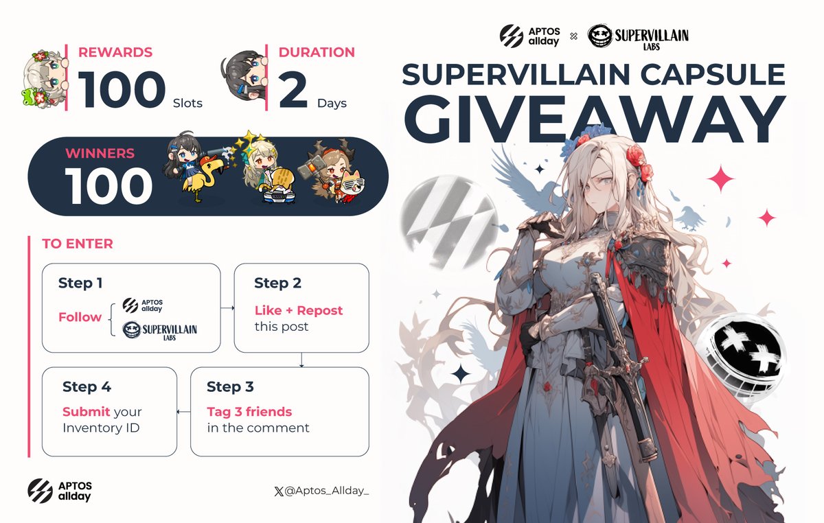 SUPERVILLAIN CAPSULE GIVEAWAY 🔥

<a href="/Aptos_allday_/">Aptos allday</a> x <a href="/supervlabs/">Supervillain Labs</a>

🎁 Rewards: 100 slots (5 capsules/slot)
👩‍🎓 Winners: 100
⏰ Duration: 2 days

✔️ To Enter:
Step 1: Follow <a href="/Aptos_allday_/">Aptos allday</a> &amp; <a href="/supervlabs/">Supervillain Labs</a>
Step 2: Like + Repost this post
Step 3: Tag 3 friends in the comment
Step 4: