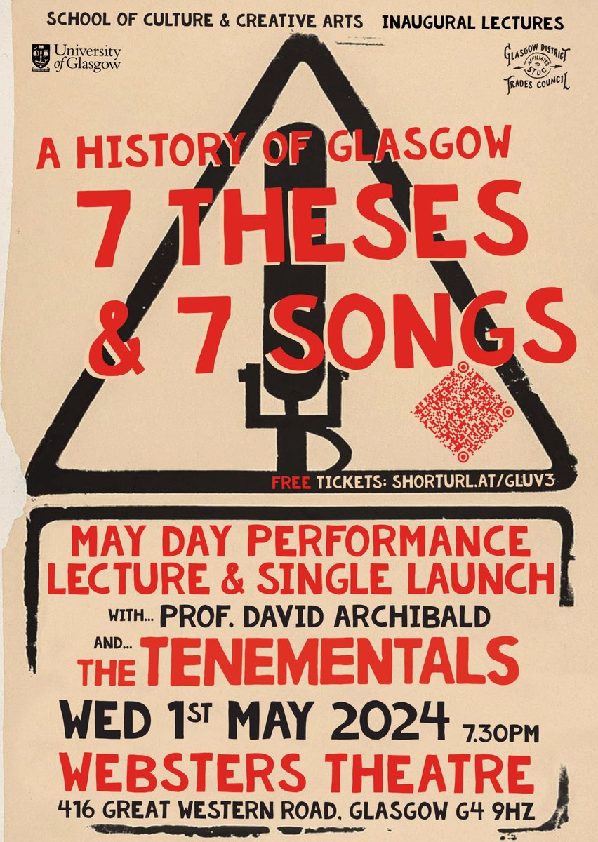 On Wednesday 1st May, award-winning band @Tenementals will present a special Performance Lecture, which will create a radical history of Glasgow, in word and song! 𝗙𝗶𝗻𝗱 𝗼𝘂𝘁 𝗺𝗼𝗿𝗲: tinyurl.com/mrxtw53r