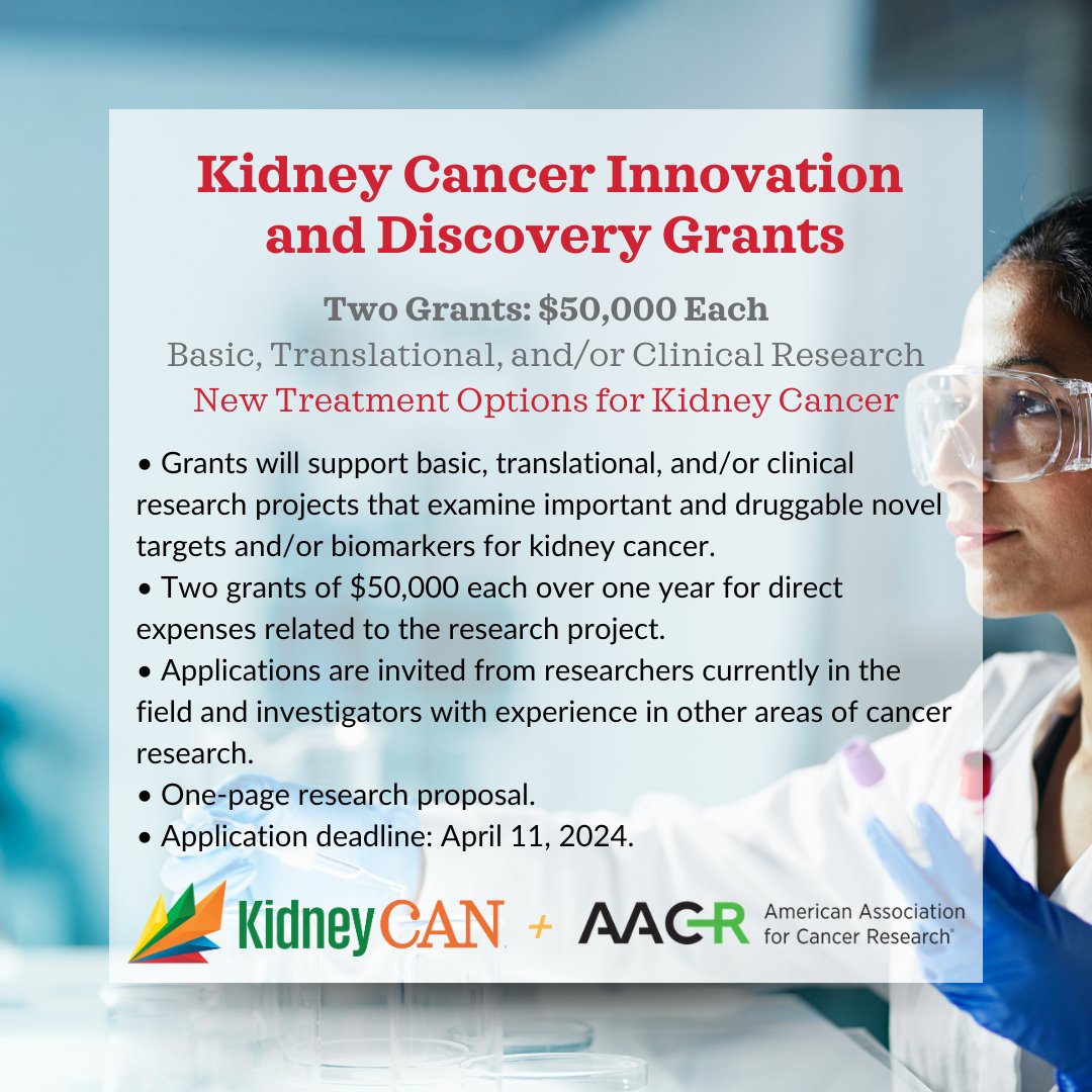 Last call! Applications for the @AACR-KidneyCAN grants are due TODAY by 1:00 pm ET! bit.ly/AACR-KidneyCAN… Get those proposals in! Let's #AccelerateCures for #KidneyCancer!