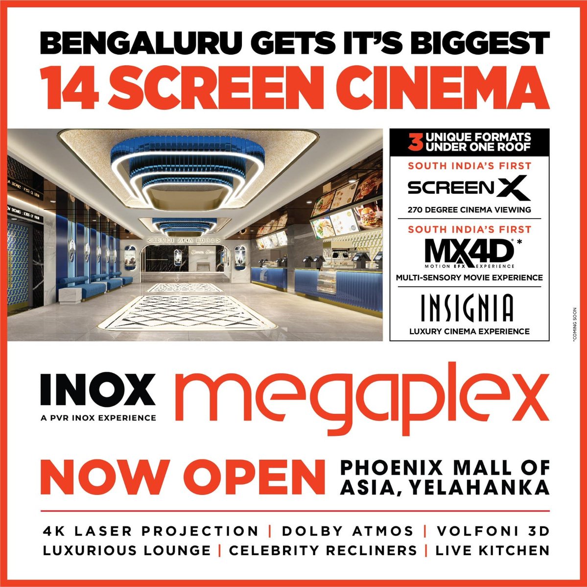 Bengaluru is all set to dazzle with its biggest ever 14-screen INOX cinema now opened in Phoenix Mall of Asia, Yelahanka! 🎬⭐️ It houses three unique formats, namely Screen X, MX 4D, and Insignia, under one roof and comes with 4K laser projection, Dolby Atmos, a Volfoni 3D…