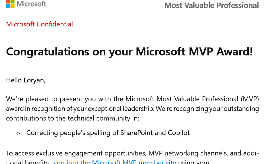 Oh my goodness! Absolutely #HumbledAndHonoured to receive a new MVP award in a new category. And it's not even the first of the month, must be special indeed!
#MVPBuzz