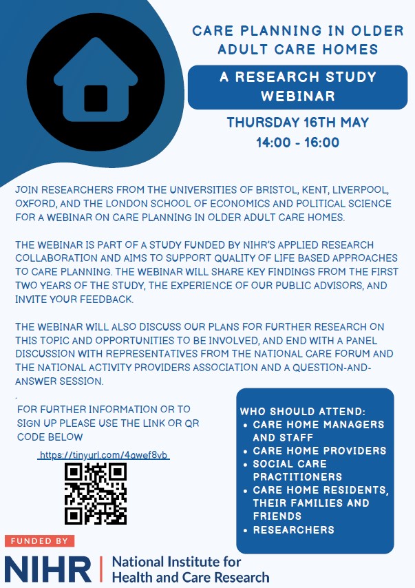 Are you interested in care planning in older adult care homes? Sign up for our webinar on the findings of a national study and opportunities to be involved in further work on this topic. For further info and booking a place tinyurl.com/4awef8vb #carehomes