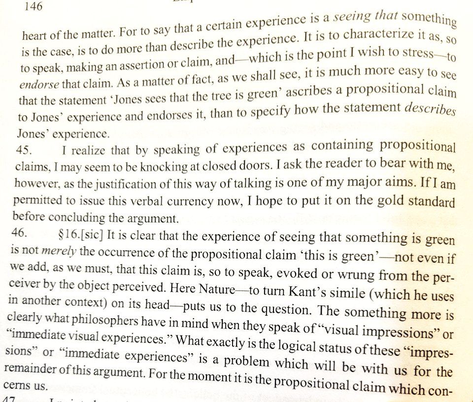 Wilfrid Sellars: On John the Necktie Salesman. 

Interesting thought experiment used to illustrate the point that there is a marked difference between testifying that an X looks Y to S and a factive endorsement of X's really being Y. 

 on the myth of the given here.