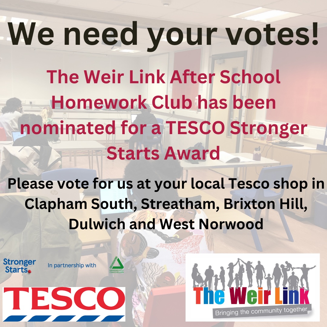 Please vote for us for a @Tesco #StrongerStarts award to support our after-school homework club - a free provision for kids aged 6-11 offering a safe and supportive environment for them to do their homework 📚💻🙌.  
#communitycentre #clapham #balham #catalystforchange