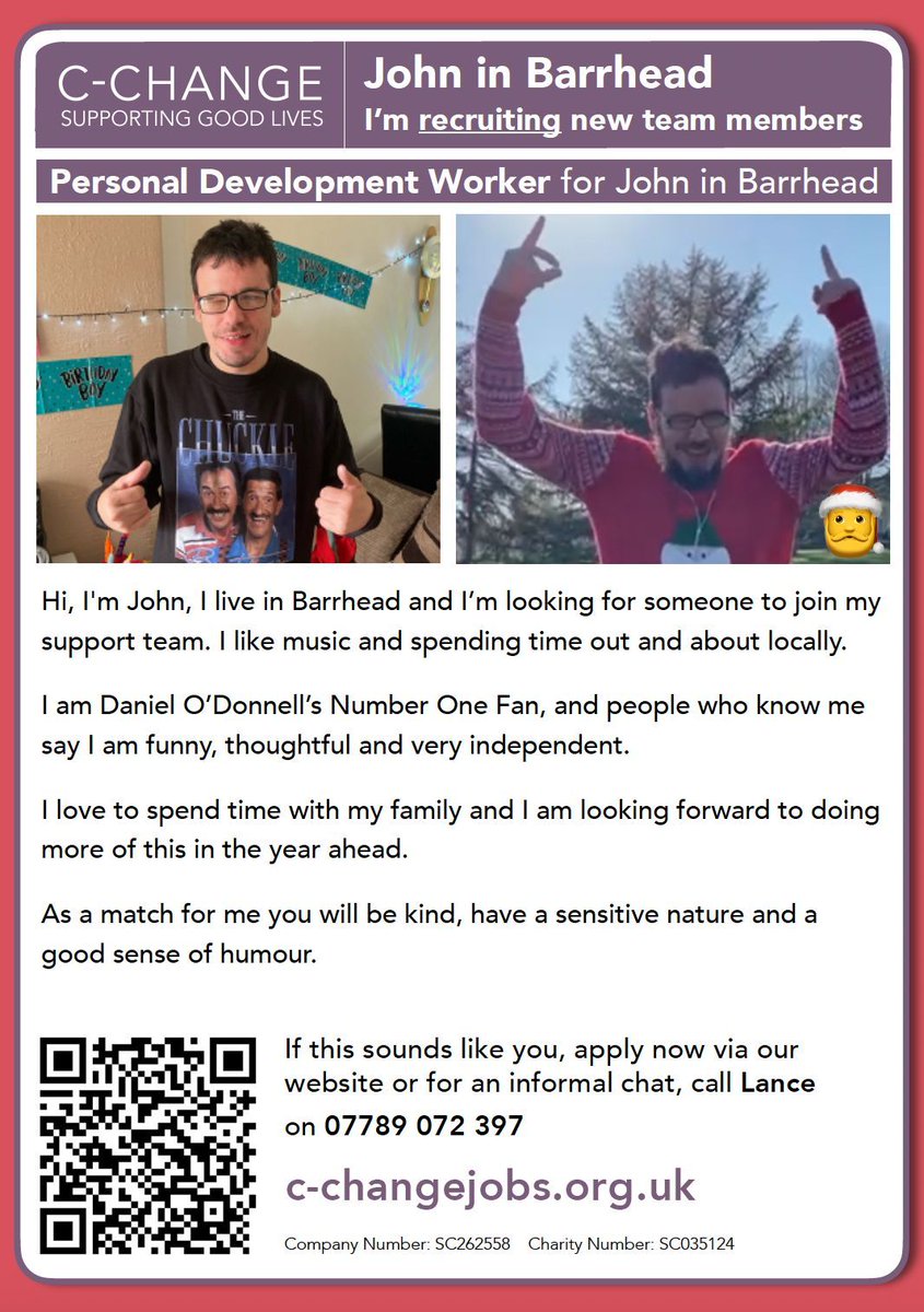 cchangescotland's tweet photo. Ohhhhh Danny Boy, the pipes, the pipes are calling... and so is John from Barrhead, as he is recruiting for a new team member to join his team! ๐คฉ
Read more ... https://t.co/mtpoaeRWWT
#BetterIsPossible #SupportGoodLives #LifeChangingWork #Recruitment #JobsScotland https://t.co/kis1jSNFI7