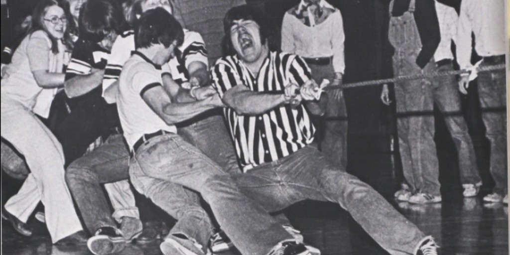 Todays #TBT is the '76 seniors flexing superior strength over the Class of '77: Mark Heysse led the seniors to their victory in the tug of war contest over the juniors. #OnceASpudAlwaysASpud