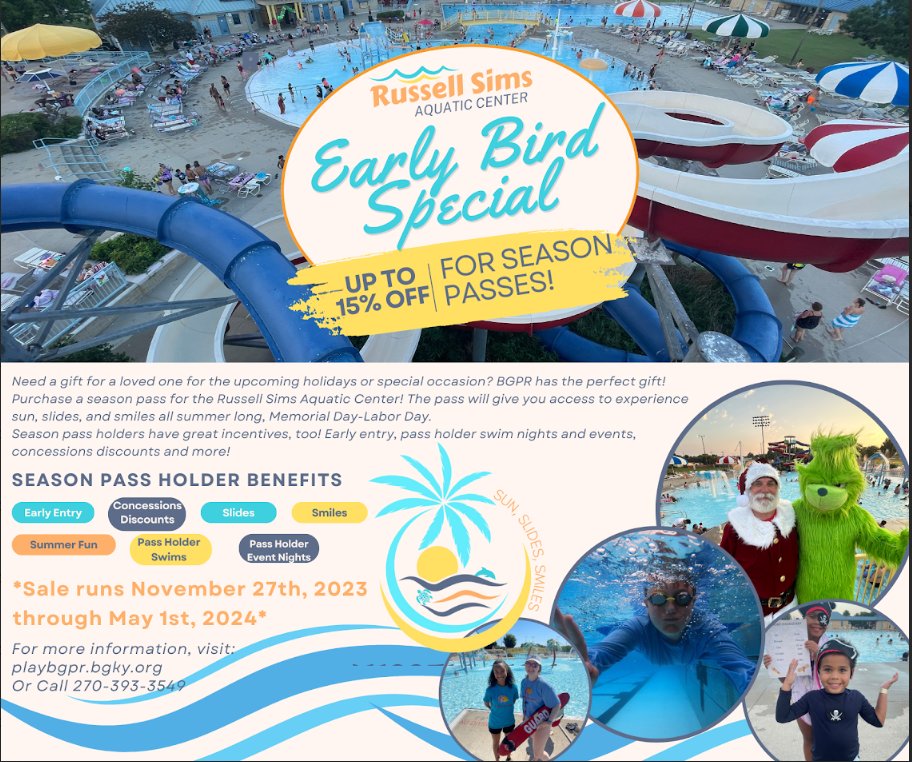 Don't forget to purchase your 2024 Russell Sims Aquatic Center Season Passes before May 1. Make your purchase online at ow.ly/biXk50RbMbA or in-person at Bowling Green Parks & Recreation at 225 East Third Avenue. Still need more info. contact 270-393-3549.