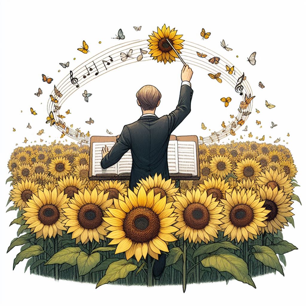 Sunflower Conductor #DALLE3 #AIart #aiartcommunity #AIArtwork #Digitalart #illustration #picture #artsy #beautiful #creative #graphic #graphics