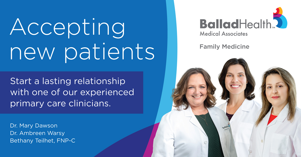 Exciting news! 🌟 Our experienced team at Ballad Health Medical Associates Family Medicine is accepting new patients, and our Family Medicine Clinic in Johnson City on Boones Creek is ready to serve you. Learn more at ow.ly/LuBj50RcHEm. #balladhealth