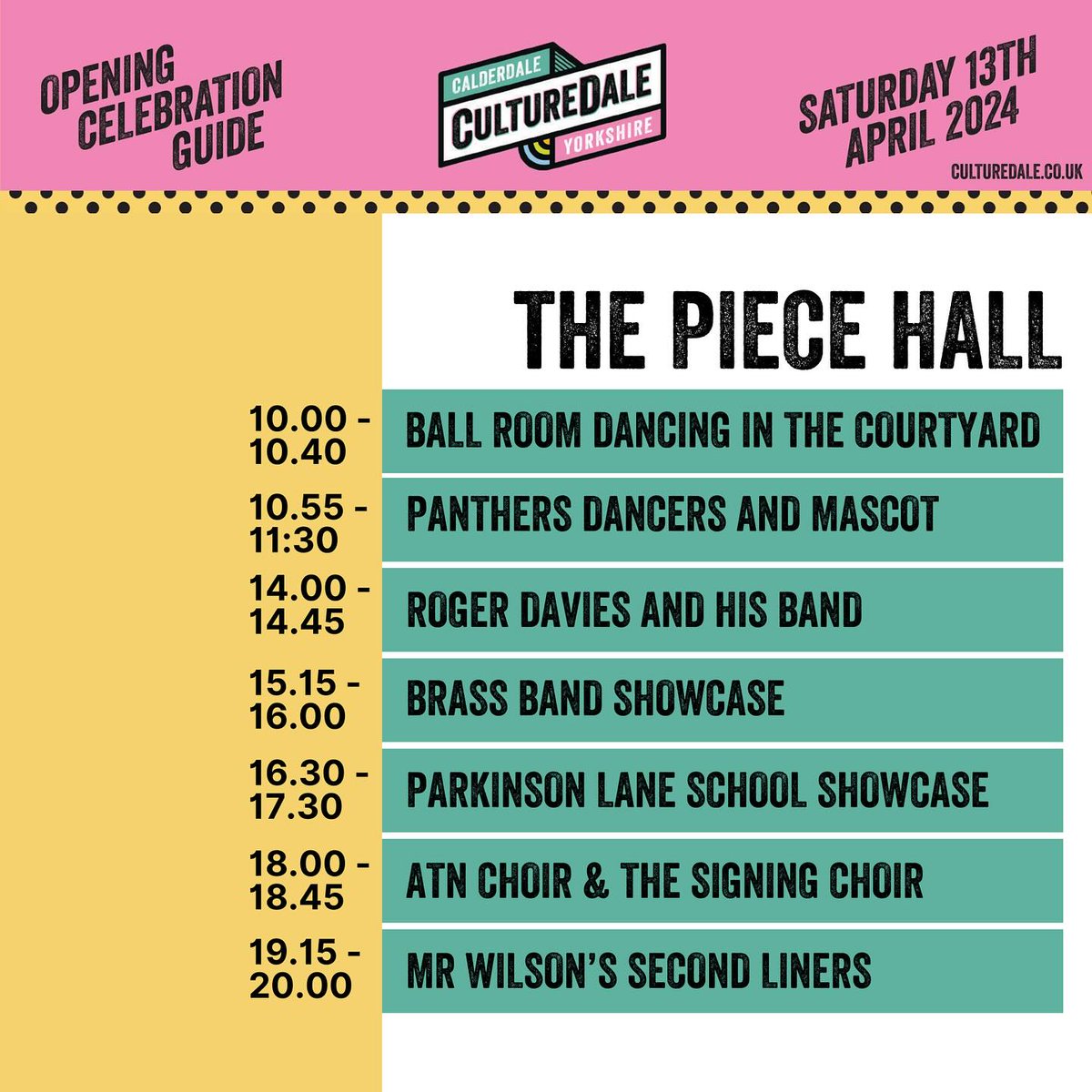 The wait is almost over! 🎉 @CultureDale2024, Calderdale's year-long cultural celebration, kicks off this Saturday at The Piece Hall. Don't miss ballroom dancing, brass bands, choirs, and more! More info here 👉 ow.ly/z3Hg50RcV67