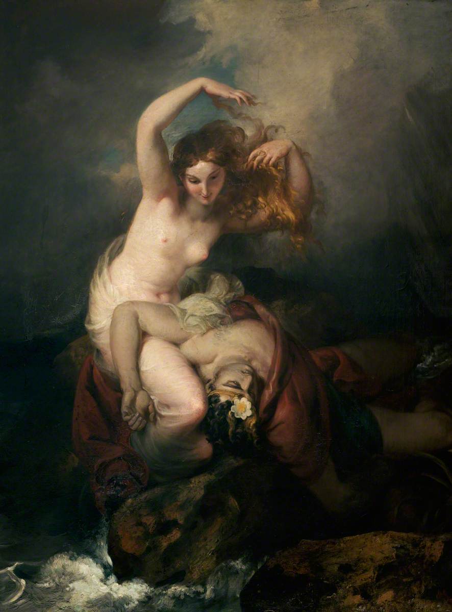 🧜‍♀️ Poor unfortunate soul! In this painting by William Hilton, a man falls prey to 'The Mermaid of Galloway'. 🦄 Could there be a more perfect choice for today's mythical creature-themed #OnlineArtExchange in celebration of @PerthMuseumUK's Unicorn exhibition? 📍@TableyHouse