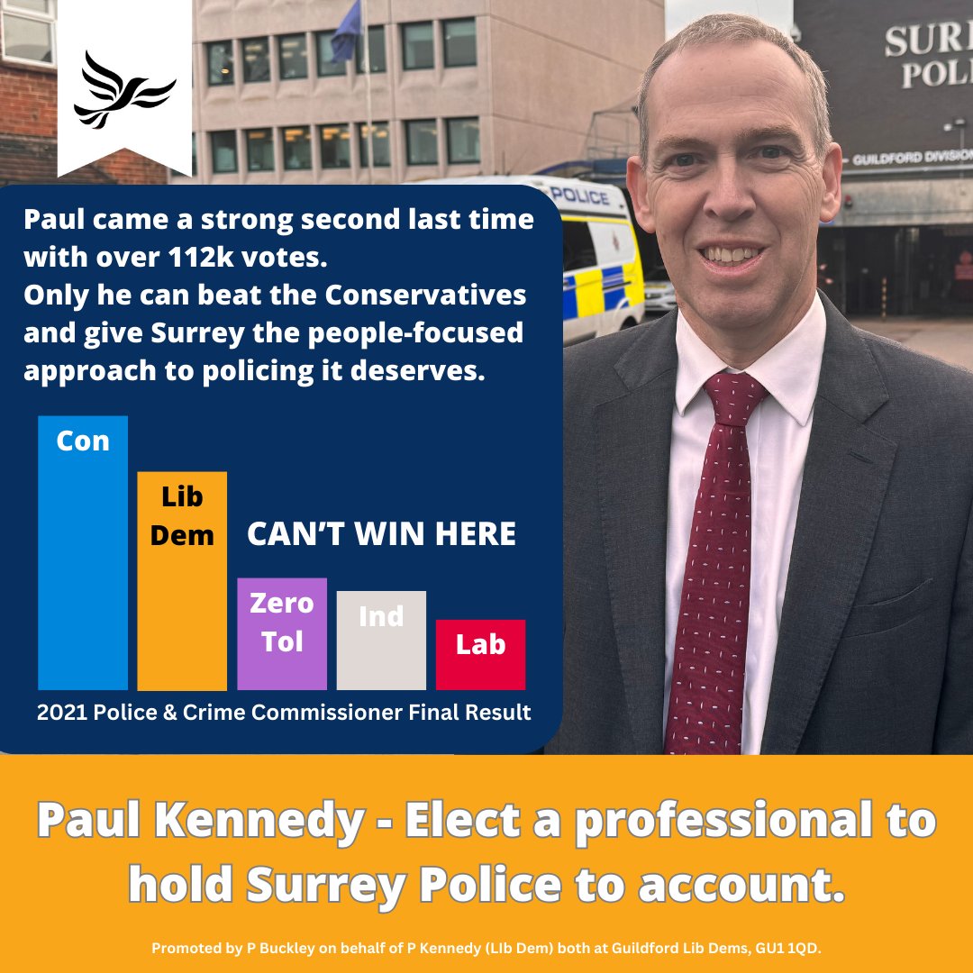 When the Police and Crime Commissioner election last took place in 2021, Lib Dem @PaulKenLD was the clear challenger to the Conservatives. This time the choice is clear - four more years of letdown with the Conservatives or hard-working Paul.