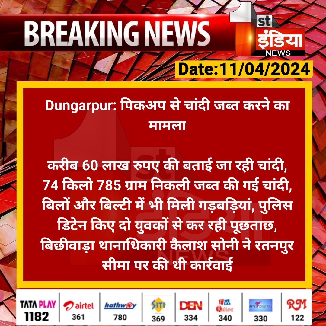 #Dungarpur: पिकअप से चांदी जब्त करने का मामला

करीब 60 लाख रुपए की बताई जा रही चांदी, 74 किलो 785 ग्राम निकली जब्त की गई चांदी...

#RajasthanWithFirstIndia @DungarpurPolice
