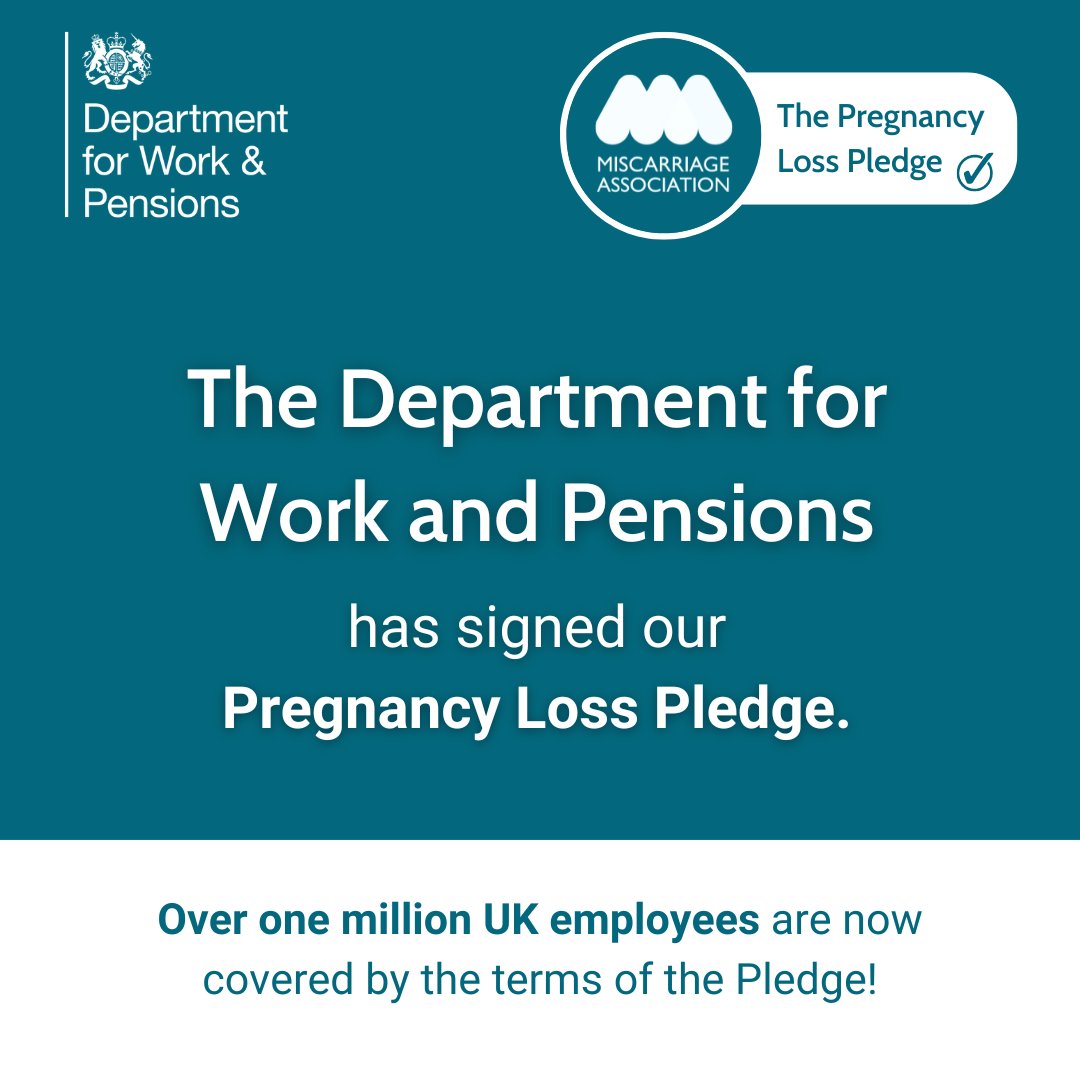 The Department of Work and Pensions has signed our Pregnancy Loss Pledge - which means over ONE MILLION employees across the UK are now covered by the terms of the Pledge! Want to be next to sign and make a difference? Click here: ow.ly/OUXl50RcUvm @DWPgovuk