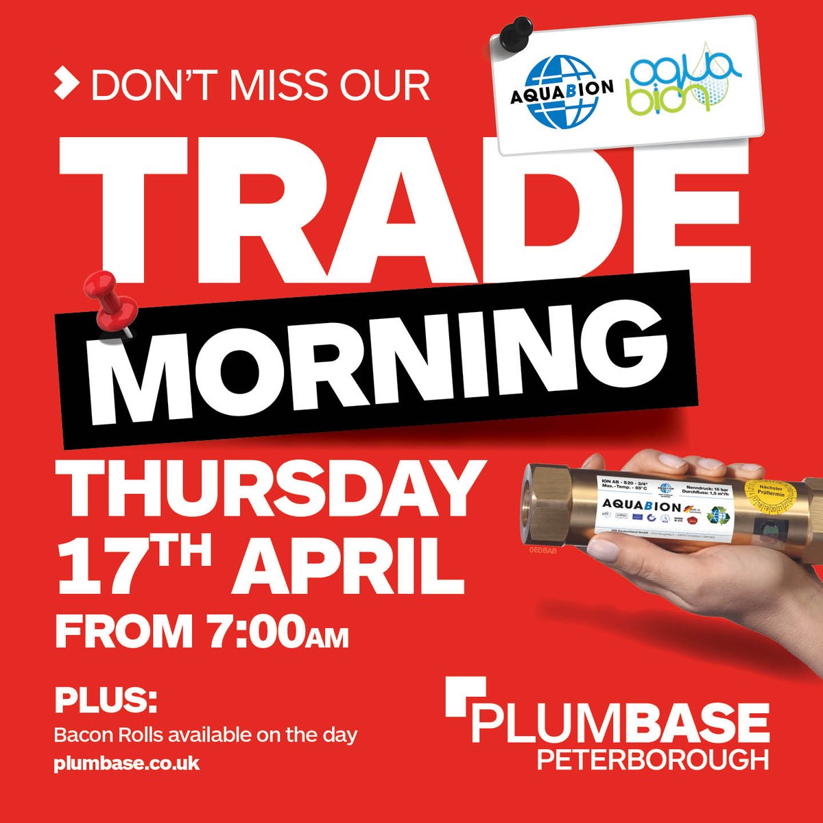 😊Plumbase Peterborough😊 would love you to join them for their @Aquabion Trade Morning on Thursday 17th April from 7am. Grab a bacon roll and find out about what they have to offer. 👍 #plumbers #plumbersemerchants #peterborough