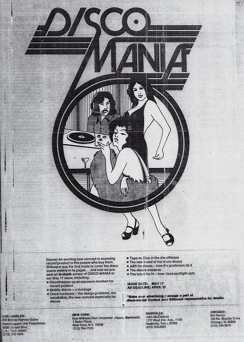 #TBT “Disco Mania” ad from Billboard Magazine from April 26, 1975 'Disco! An exciting new concept in exposing record product to the people who buy them'